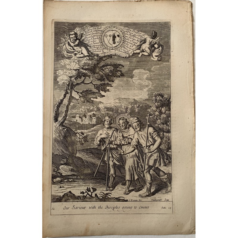 Biblia. Our saviour with the Discipules goeing to Emaus, grabado Richard Blome, 1690