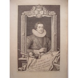 James I, King of Great Britain, France and Ireland. Grabó George Vertue (Londres 1684-1756), siguiendo obra de Paulus Vansomer.