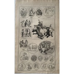 Gravure mythologique ancienne du XVIIIe siècle avec différents thèmes.
