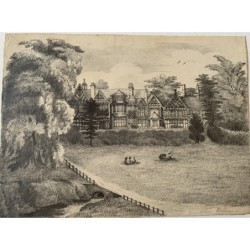 England. Bramall Hall in Cheshire. 19th-century drawing