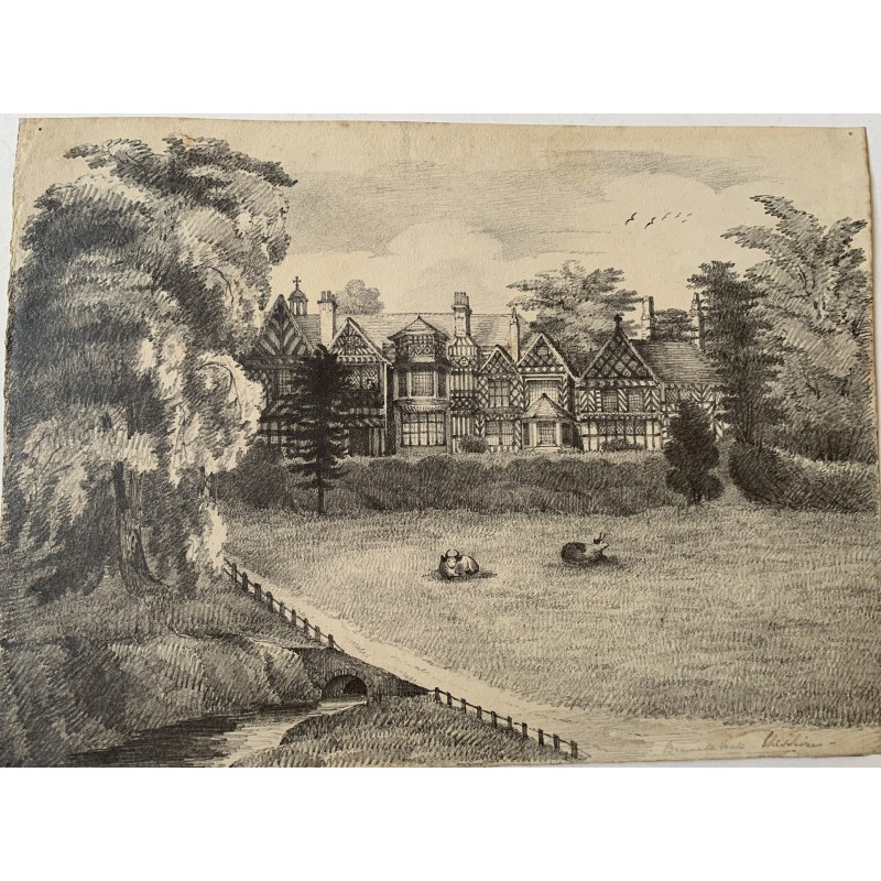 Inghilterra. Bramall Hall nel Cheshire. Disegno del XIX secolo