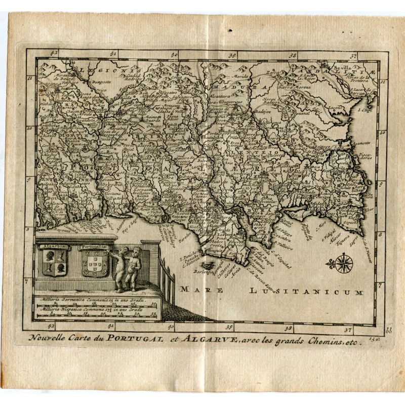 Nouvelle Carte du Portugal et Algarve avec les grands Chemins gravure d'Alvarez de Colmenar en 1715.