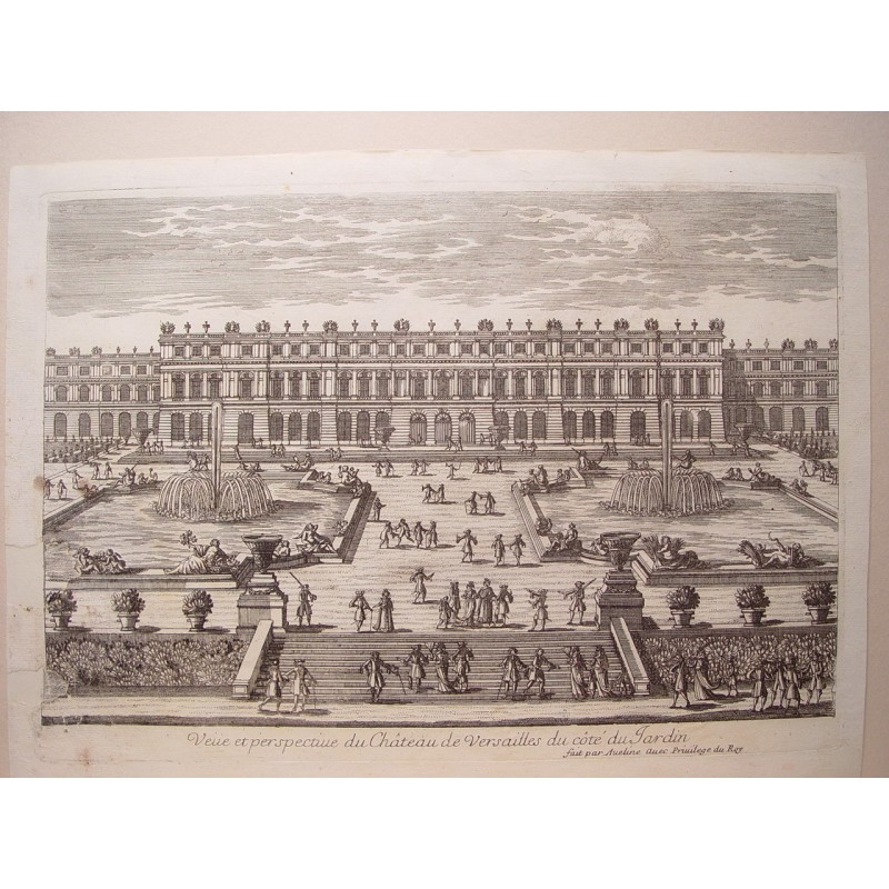View and perspective of the Chateau de Versailles on the edge of the Garden. Engraved by Pierre Aveline (Paris, 1656-1722).