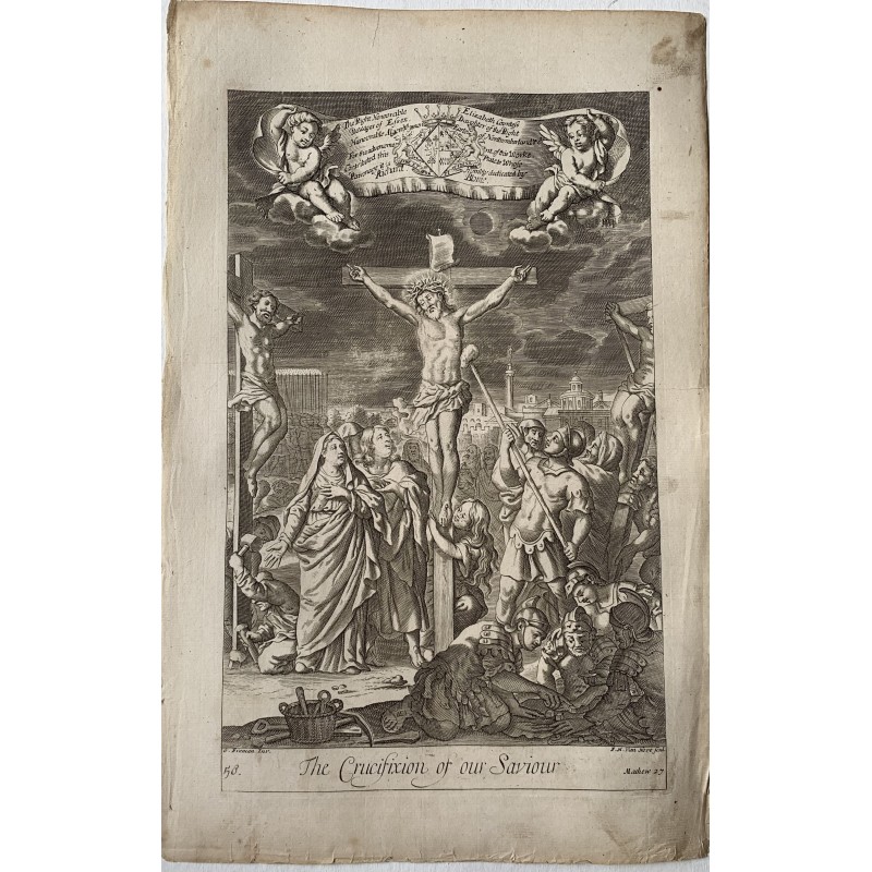 Bibbia. La Crocifissione del nostro Salvatore. Incisione di FH Van Hove. Disegnata da Freeman. 1690.