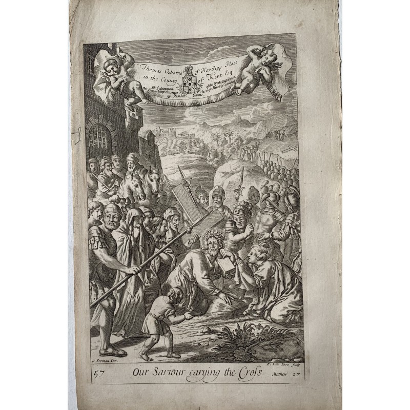 Bibel. Unser Erlöser trägt das Kreuz. Kupferstich von FH Van Hove. Gezeichnet von Freeman. 1690