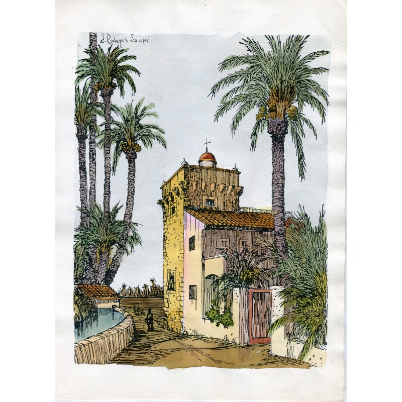 Eduardo Rodríguez Samper. Vue d'Elche. Gravure en couleurs.