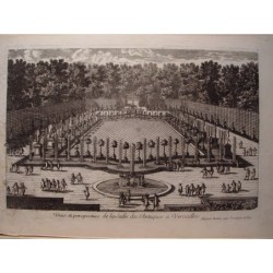 Vue et perspective de la salle des Antiques à Versailles. Dessin et gravure de Pierre Aveline (Paris, 1656-1722).