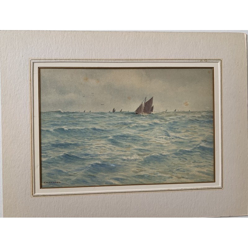 Paysage marin avec bateau signé Coles Webb. Aquarelle du 19ème siècle.