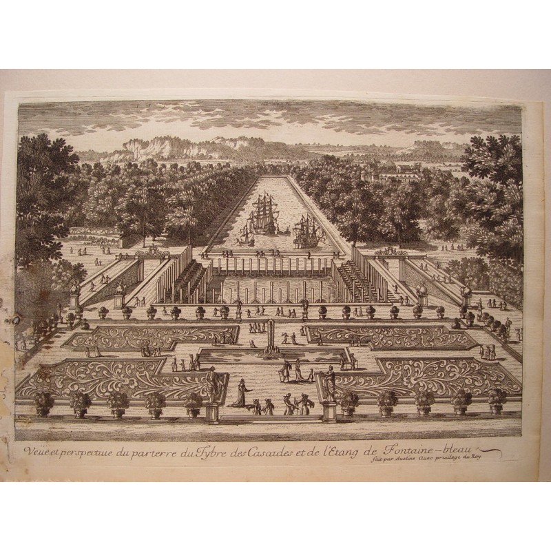 Guarda il parterre du Jybre des Cascades et de l'Etang de Fontaine-bleau. Incisa da Pierre Aveline (Parigi, 1656-1722).