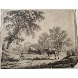 Hendrick Voogd. Lithograph. Rural landscape with grazing cows.