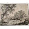 Hendrick Voogd. Lithographie. Paysage rural avec vaches au pâturage.