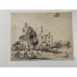 José Maria Lopez Guntín (Lugo, 1929–1996) Ville avec personnages. Dessin au crayon