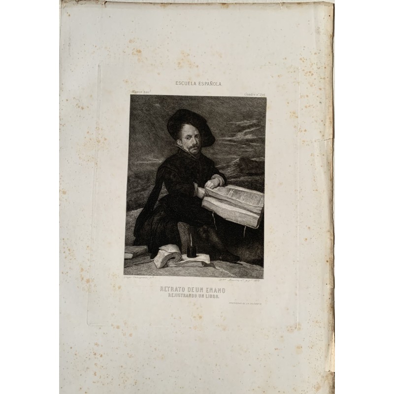 Porträtstich eines Zwergs, der ein Buch von Velazquez liest von Bartolomé Maura