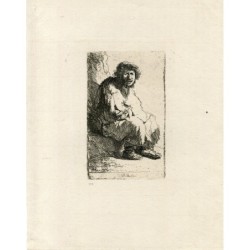 Rembrandt. Mendicante seduto su una panca. Incisione del 1690. Opera successiva.