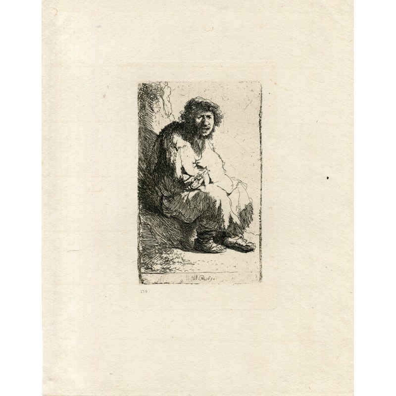Rembrandt. Beggar Seated on a Bench. Engraving dated 1690. Later.