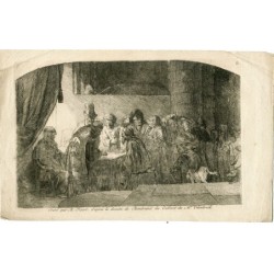 Giuda riceve 30 monete d'argento (incisione di Rembrandt di B. Picart)