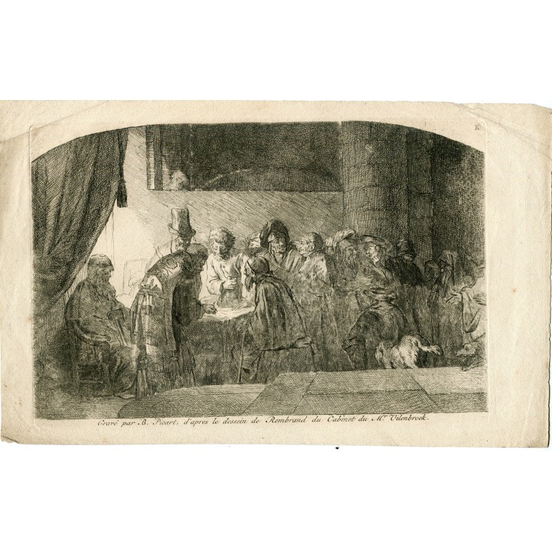 Judas Receives 30 Silver Coins (Rembrandt engraving by B. Picart)