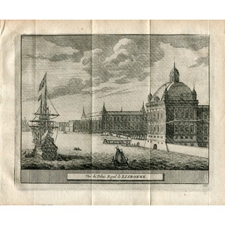 Portugal.Vue du Palais Royal de Lisbonne grabado de Alvarez de Colmenar 1715