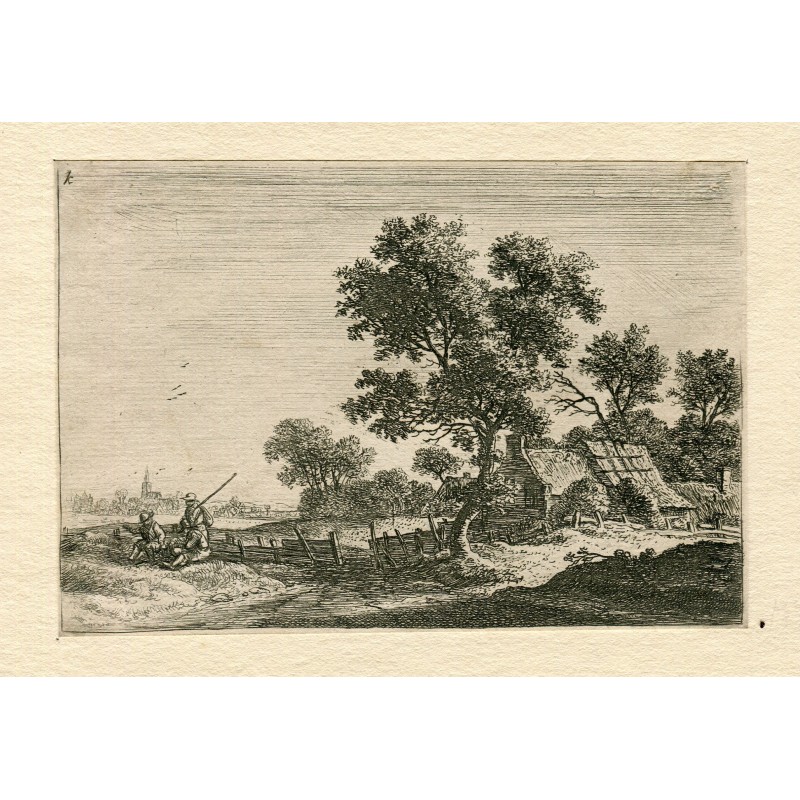 Anthonie Waterloo (1609-1690). Gravure. Trois paysans sur une colline.
