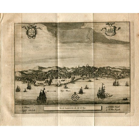 Portugal. Vue de Lisbonne de côté du Tajo grabado 1715 de Alvarez de Colmenar.