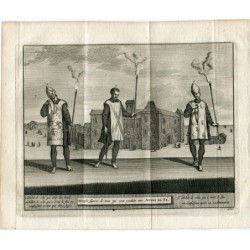 Divers figures de ceux qui sont conduits aux Autos de Fé.Gravé par Pieter Vander Aa, 1715.