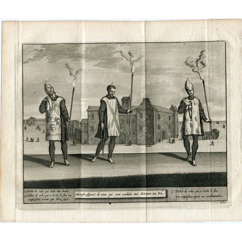 Divers figures de ceux qui sont conduits aux Autos de Fé.Gravé par Pieter Vander Aa, 1715.
