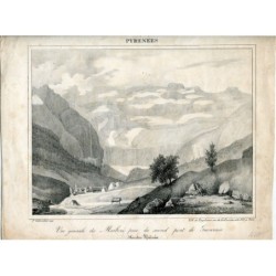 Litografia antica degli Alti Pirenei, Marboré ripresa dal secondo ponte Gavarnie (1828)