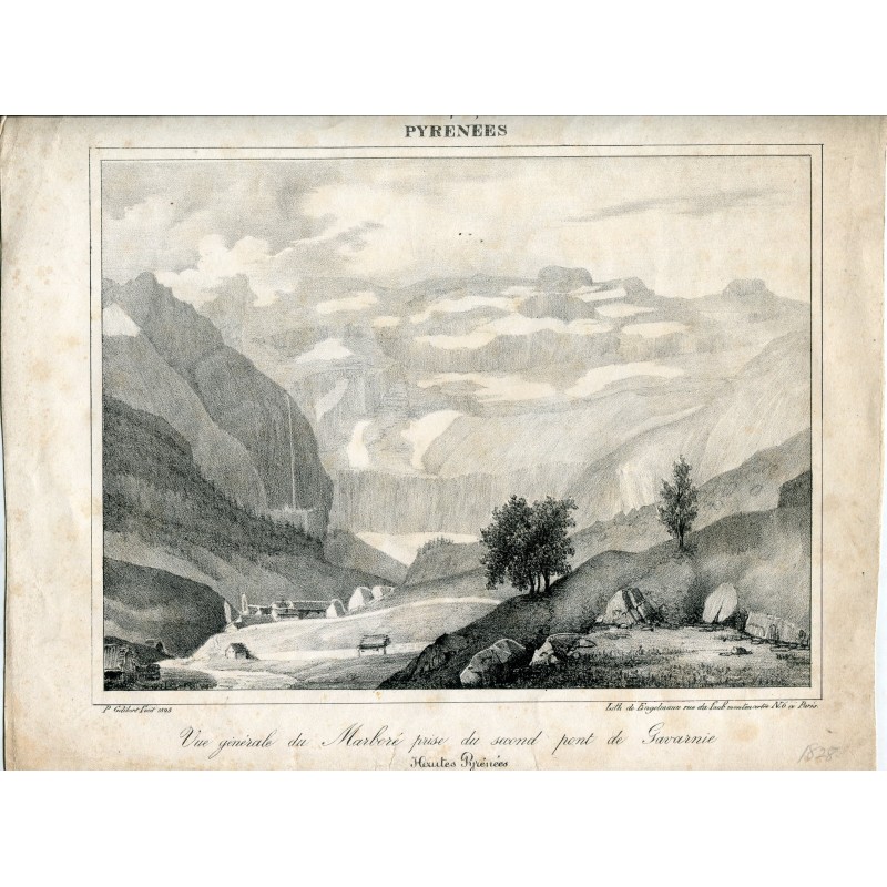 Antique lithography from Hautes Pyrénées, Marboré taken from the second Gavarnie bridge (1828)