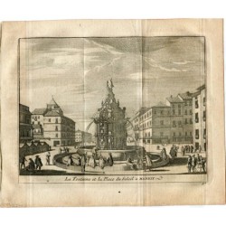 Madrid. La Fontaine et la Place du Soleil à Madrid. Gravure de 1715 par Pieter Vander Aa.