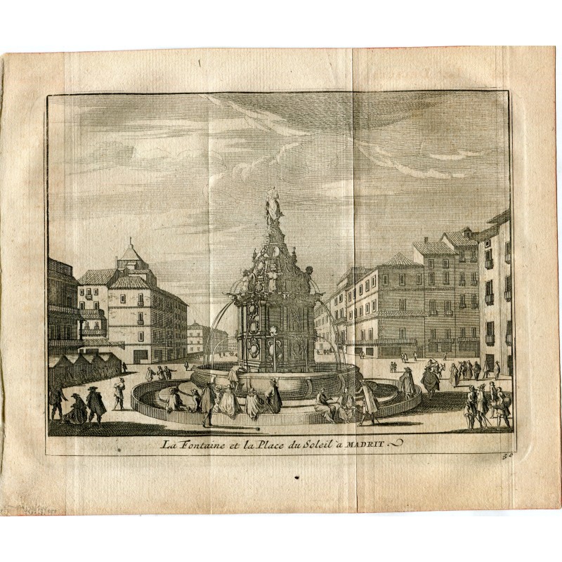 Madrid. Der Brunnen und der Place du Soleil in Madrid. Kupferstich 1715 von Pieter Vander Aa