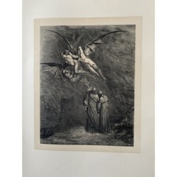 Gravure sur bois originale de Gustave Doré représentant la Divine Comédie, signée sur la planche.