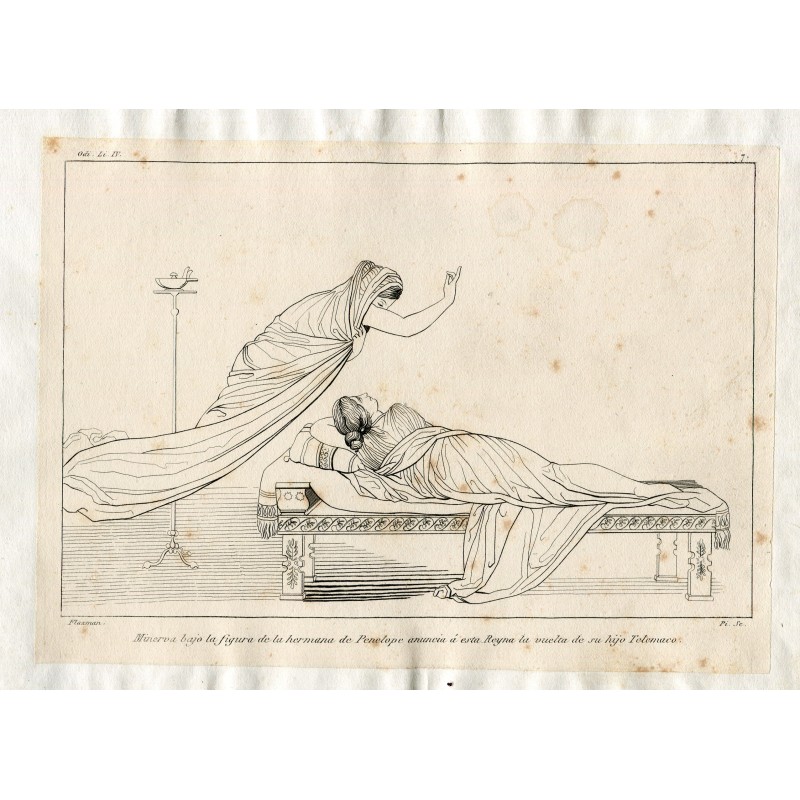 John Flaxman. Signé. Le Rêve de Pénélope. Gravure de l'Odyssée.