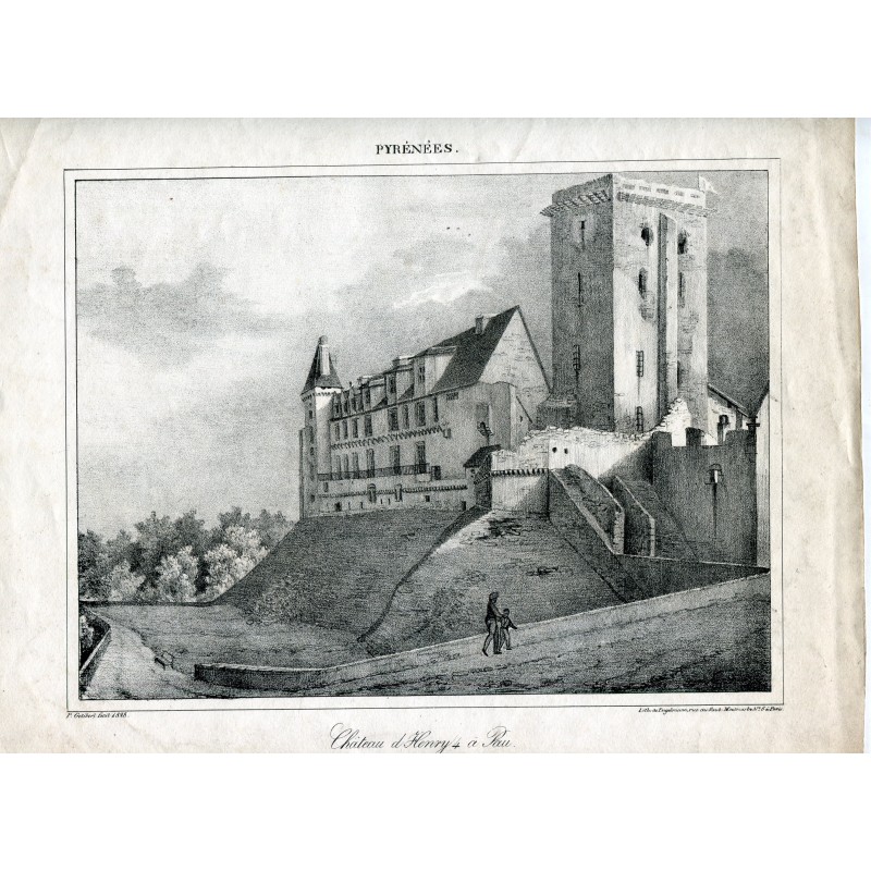Litografia antica. Castello di Enrico IV a Pau (Pirenei), 1828.