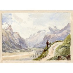 Paesaggio montano con una figura. Acquerello inglese del XIX secolo.