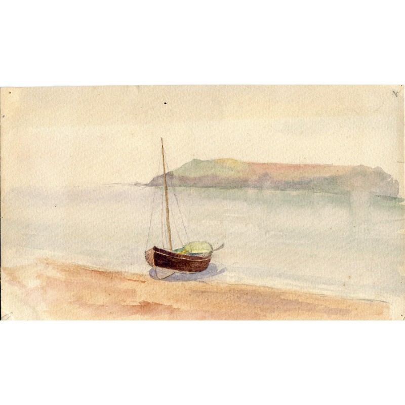 Paisaje de mar con barca. Acuarela inglesa anónima  siglo XIX.