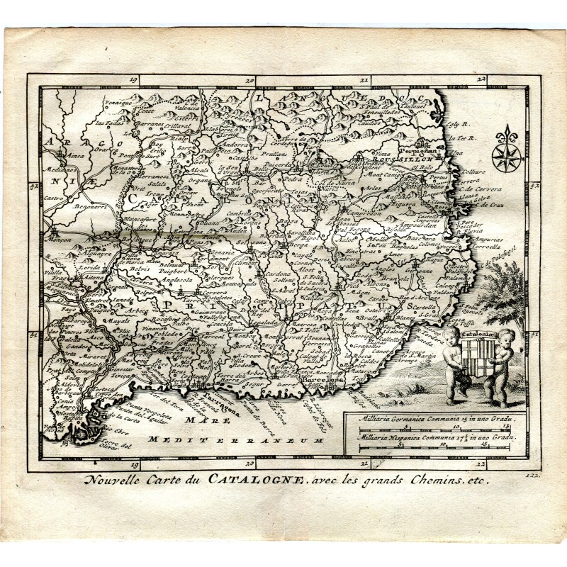 Nouvelle carte de la Catalogne avec les grandes routes, 1715 Alvarez de Colmenar