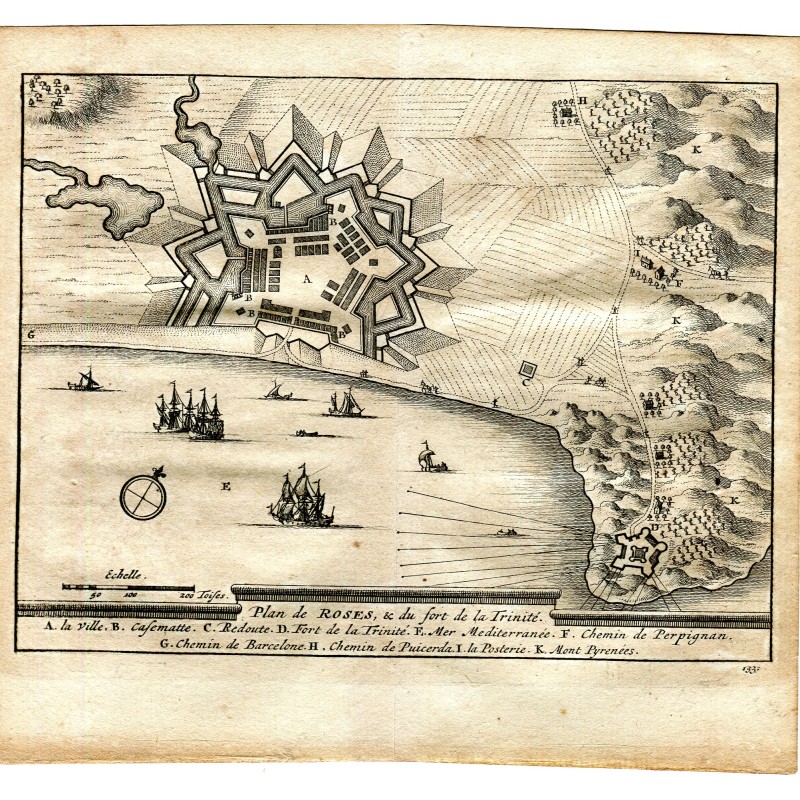 Catalogna. Pianta delle Rose e del Forte della Trinità, 1715, incisa da P. Vander Aa