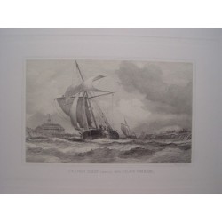 French sloop coming into Calais Harbour, France - Antique engraving