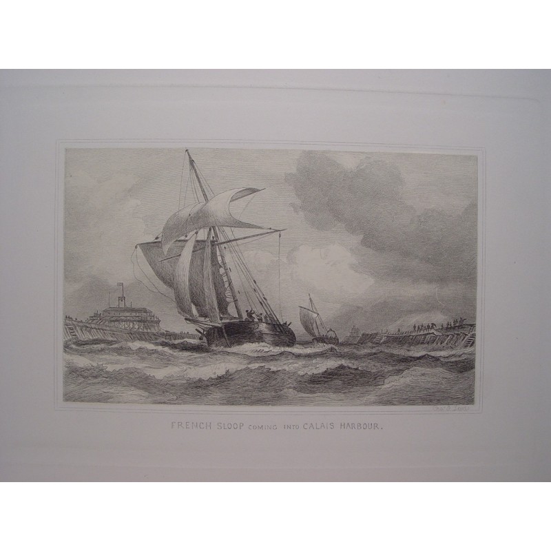 French sloop coming into Calais Harbour, France - Antique engraving