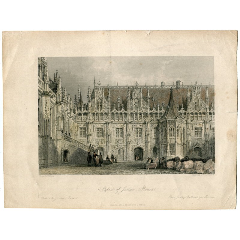 Le Palais de Justice de Rouen. Gravure sur acier ancienne. 1846.