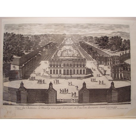 «Veue du Chateau de Marly veu par derriere et d´ou l´on decouvre  St. Germain» Dib.y grabó Pierre Aveline (París,1656-1722)»