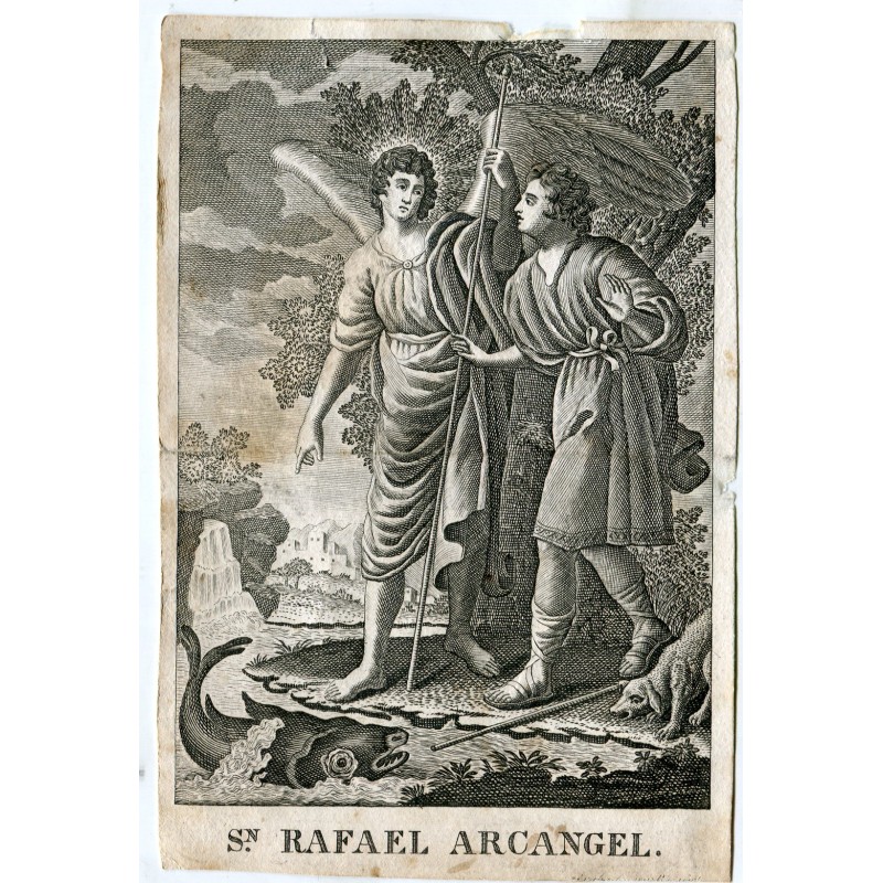 Saint Raphael the Archangel engraved by Tomas Rocafort y Lopez.