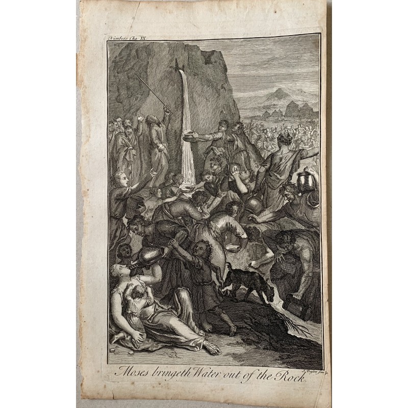 Bible. Moïse fait jaillir de l'eau d'un rocher. Gravure de J. Basire.