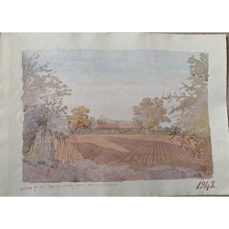 Landscape. English school watercolor by Nora Bourne. Signed with initials.