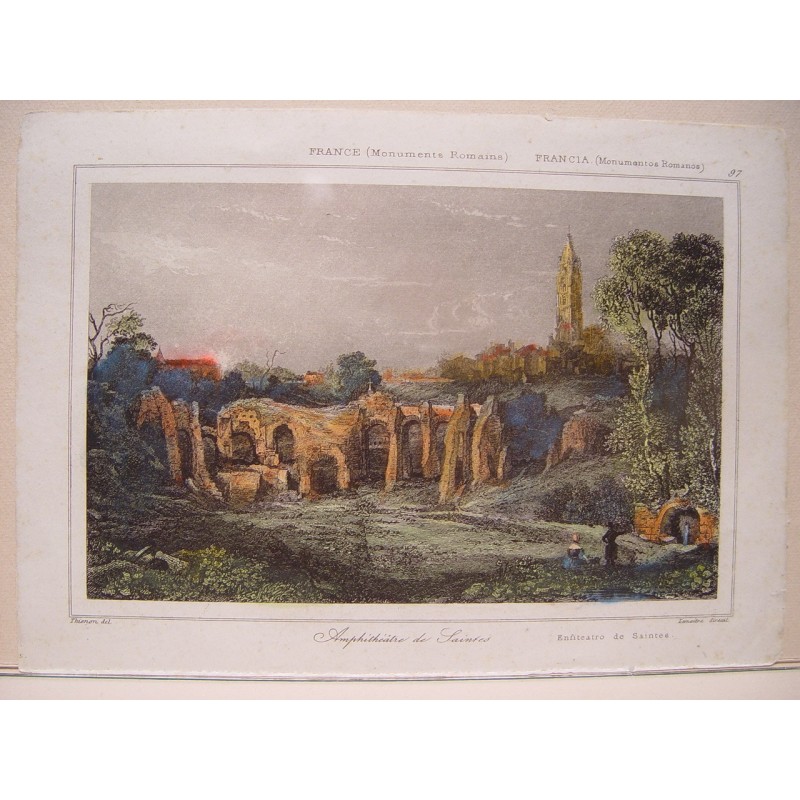 France. Monuments romains. Amphithéâtre de Saintes. Gravure d'Augustin François Lemaître (Paris, 1797-1870).