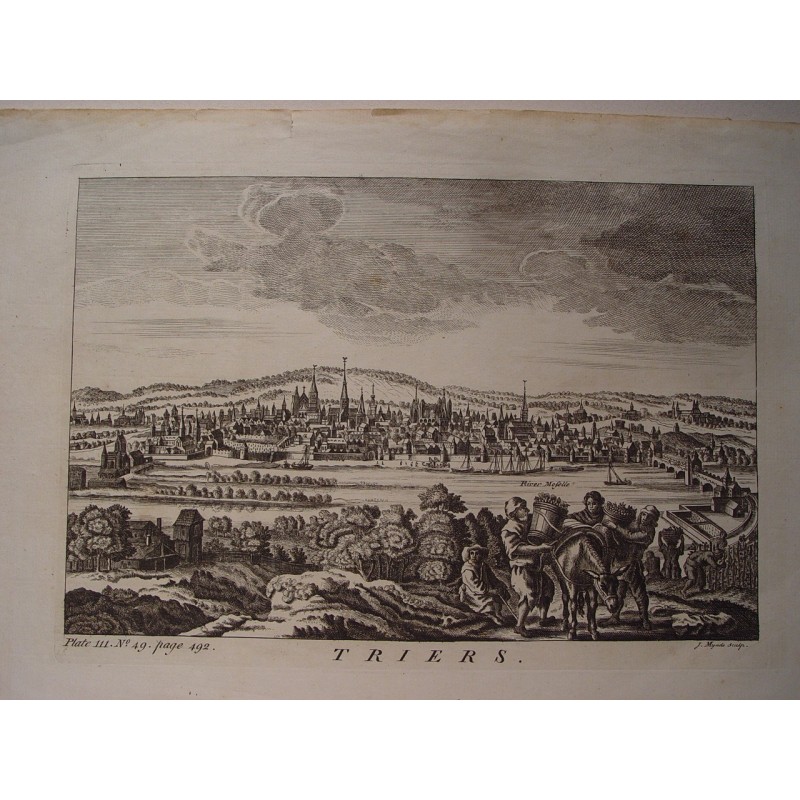 Trèves et la Moselle (Allemagne). Gravure de J. Mynde. XVIIIe siècle.