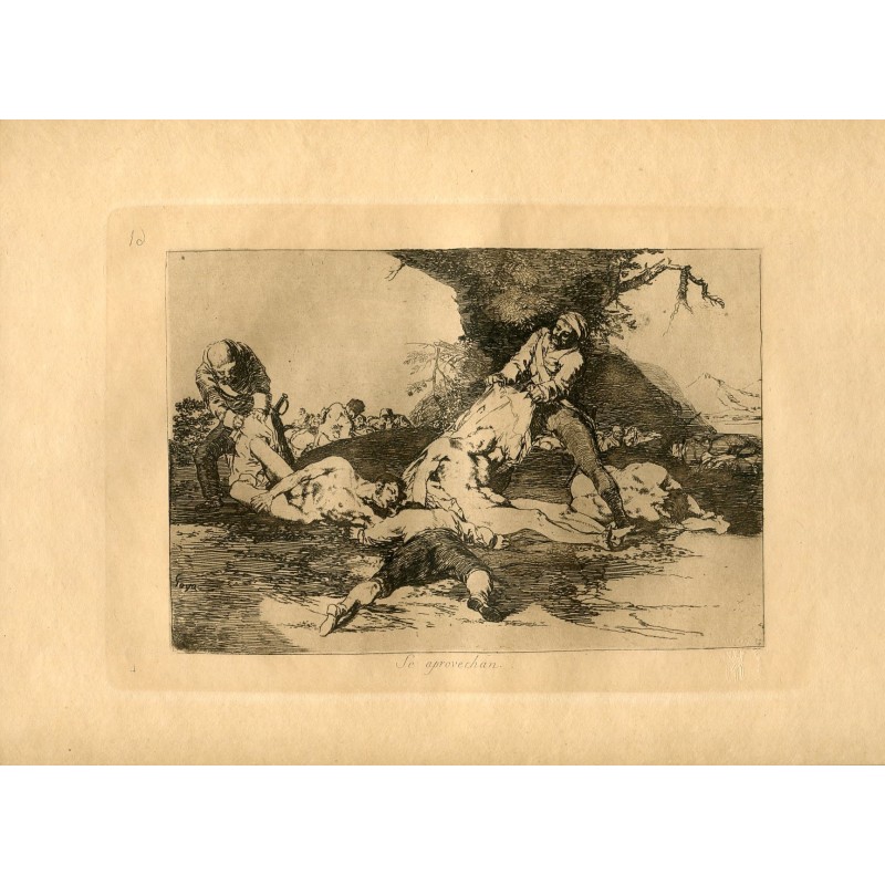 Radierung von Goya. Sie nutzen sie ('Se aprovechan'). Tafel 16 aus der Radierungsserie „Katastrophen des Krieges“, Ausgabe 1937.