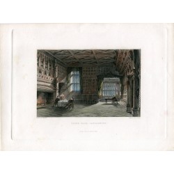 Speke Hall Lancashire grabado coloreado de 1834 por E. Challis, dibujó T. Allom