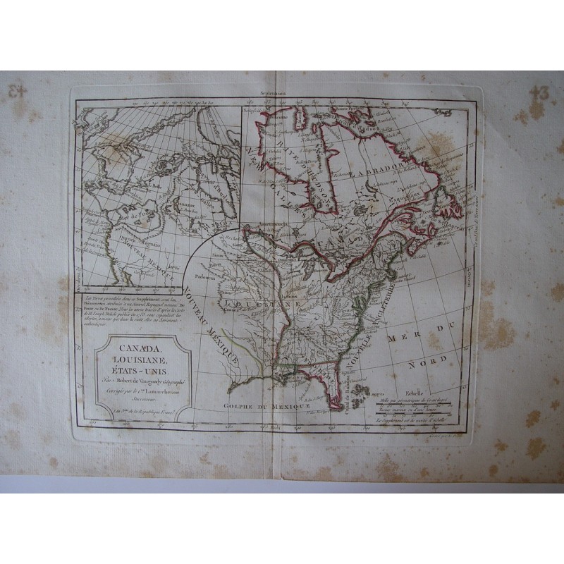 Antique map of Canada, Lousiane, United States and Canada. Robert de Vaugondy (1794)