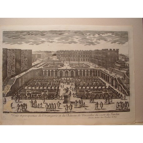 «Perspective de l'Orangerie et du Chateau de Versailles du costé du Jardin» Dibujó y grabó Pierre Aveline (París,1656-1722).